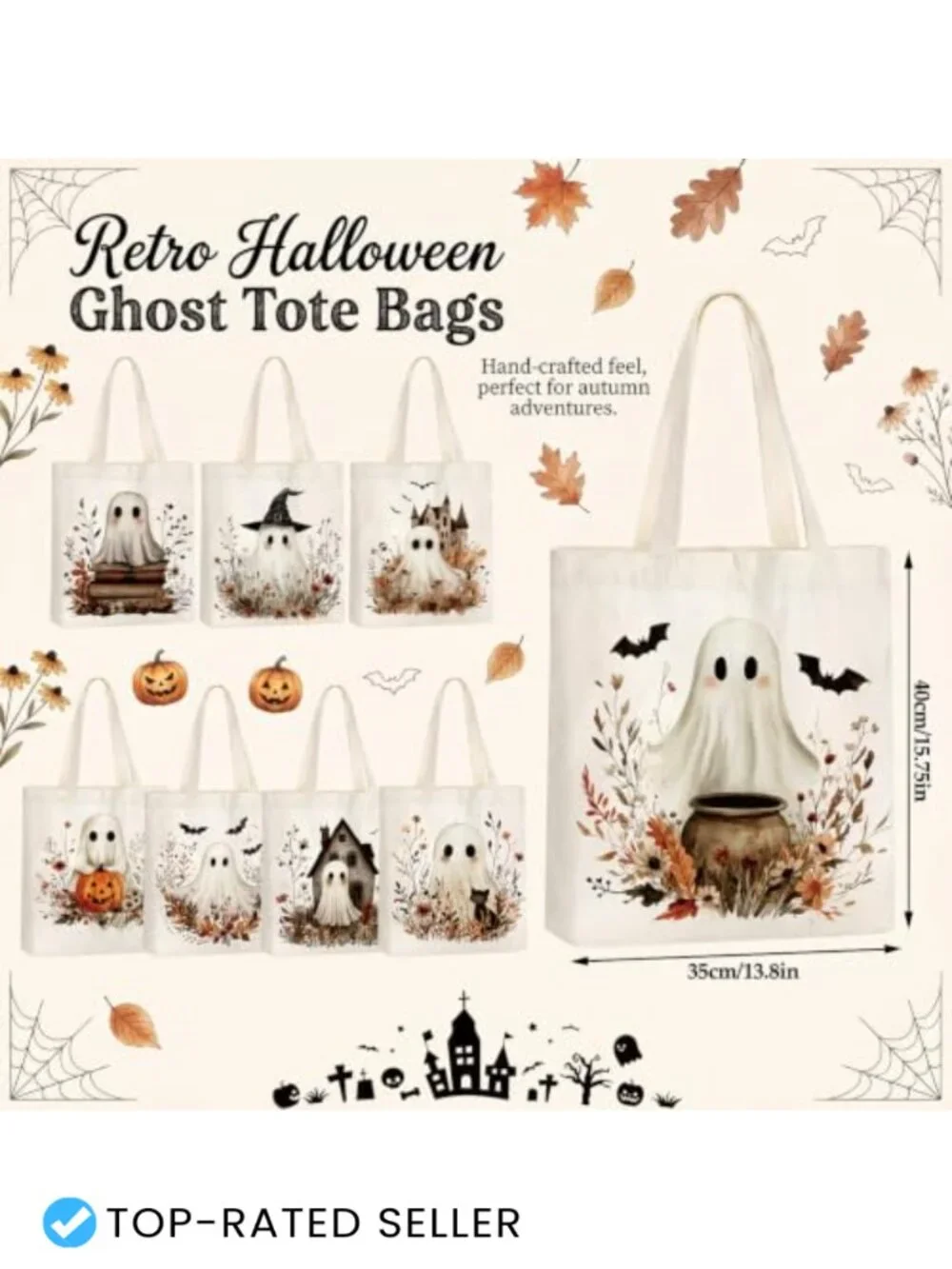 8 Pack Halloween Boho Ghost Canvas Tote Bags Trick or Treat Party Favors